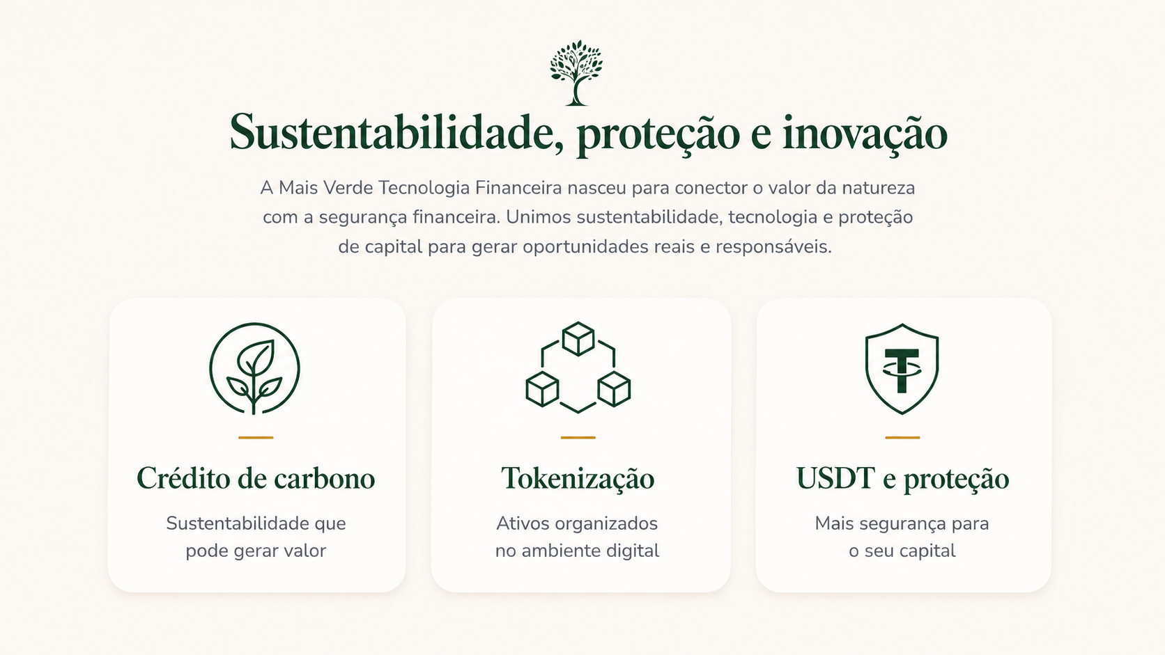 Sustentabilidade, proteção e inovação: crédito de carbono, tokenização, USDT e proteção.
