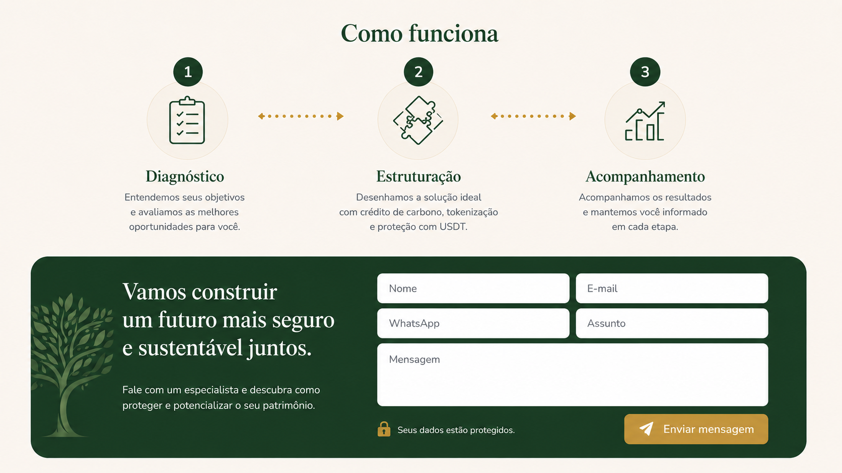 Como funciona: diagnóstico, estruturação e acompanhamento. Formulário para falar com especialista.